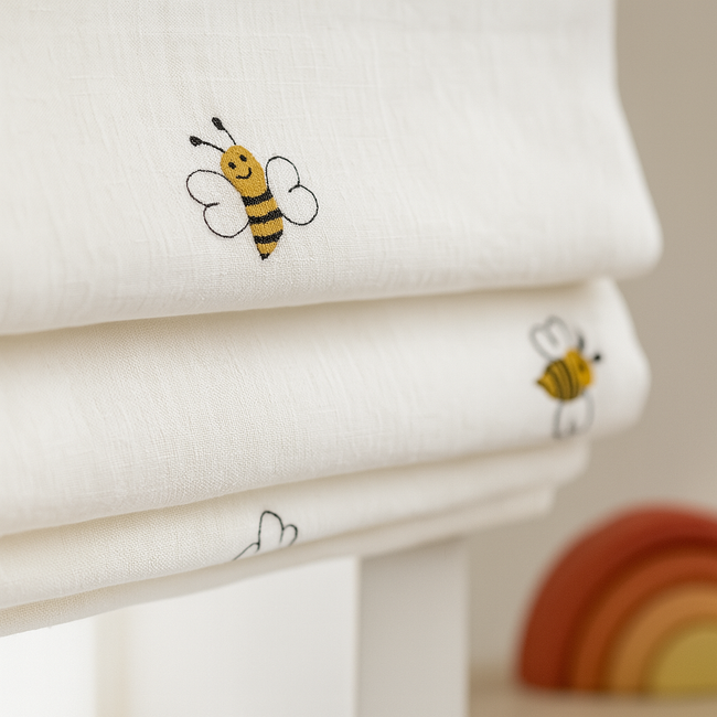 Honey Bee Embroidered Pure Linen Roman Blind for Kids Room & Nursery – Custom Corded Shade with Blackout or Light Filtering Liner
