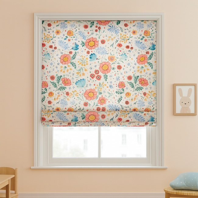 Floral Printed Pure Linen Roman Blind for Kids Room or Nursery – Custom Size – Light Filtering or 100% Blackout Lining