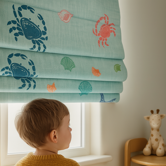 Sea Shells and Crabs Print Pure Linen Roman Blind – Kids Room & Nursery – Custom Size with Blackout or Light Filtering Liner – Inside or Outside Recess