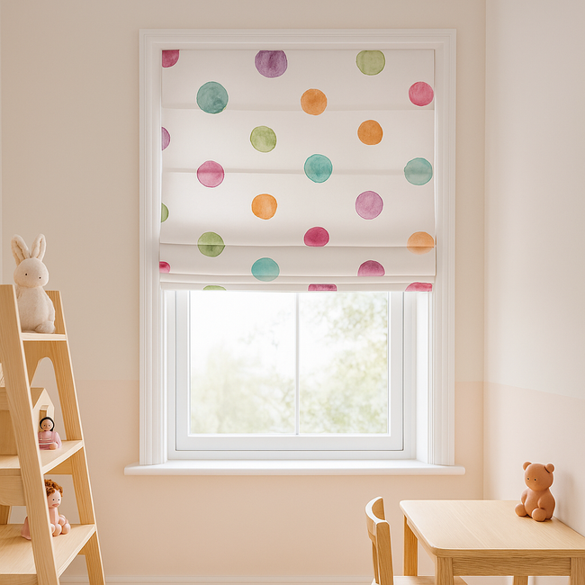 Multicolour Polka-Dot Pure Linen Roman Blind – Made-to-Measure Kids & Nursery | Light-Filter or Blackout