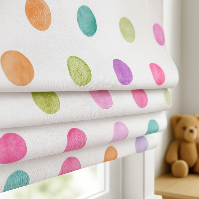 Multicolour Polka-Dot Pure Linen Roman Blind – Made-to-Measure Kids & Nursery | Light-Filter or Blackout