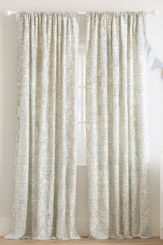 Embroidered Linen Curtains with Village House Pattern – 5 Colours – Blackout or Light Filtering Lined – Custom Sizes – Rod or Track Compatible