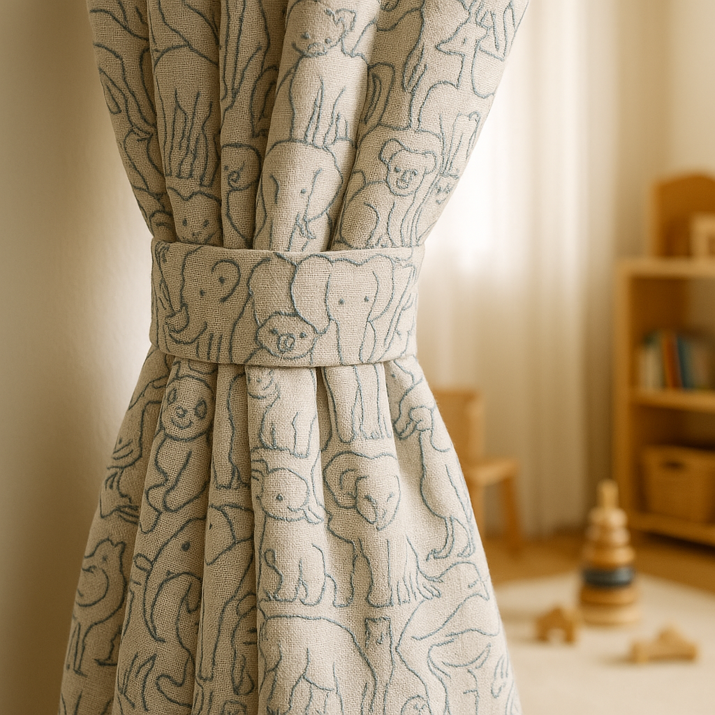 Embroidered Animal Linen Curtains for Kids Room – Custom Sizes – Blackout or Cotton Lined – Single or Pair