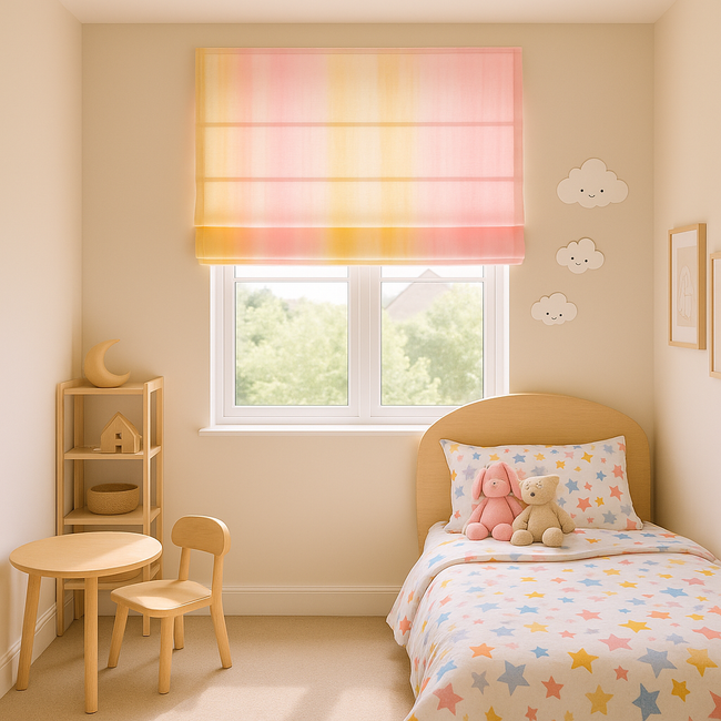 Pink & Yellow Ombre Roman Blind – Pure Linen Corded Kids Shade | Custom Size | Light Filtering or 100% Blackout Liner | Recess & Outside Mount Options