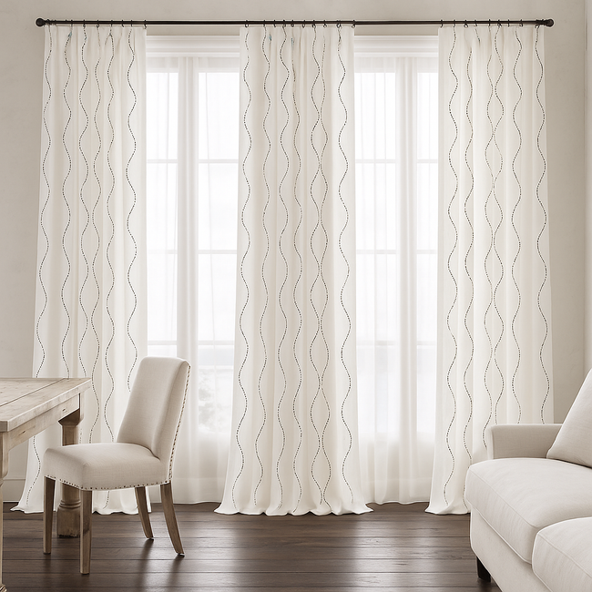 Luxury Linen Curtains with Wavy Embroidery – Custom Sizes & Light-Filtering or Blackout Options – GOTS Certified
