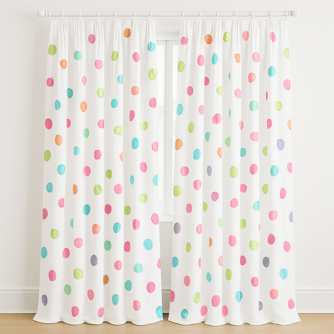 White Linen Polka Dot Curtains for Kids Room - Custom Sizes, Blackout or Light Filtering Liners, Rod or Track Compatible