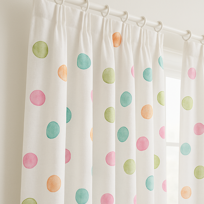 White Linen Polka Dot Curtains for Kids Room - Custom Sizes, Blackout or Light Filtering Liners, Rod or Track Compatible