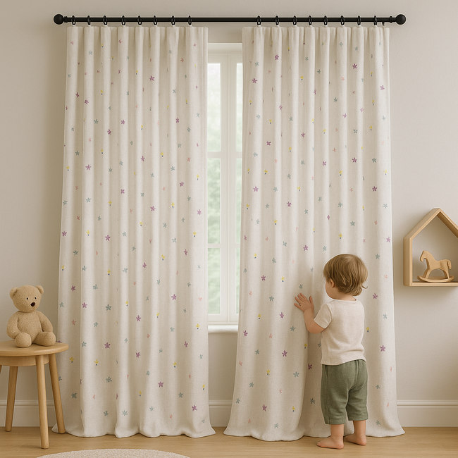 Embroidered Linen Curtains for Kids Room – Custom Size – Light Filtering or 100% Blackout Lining – Pastel Floral – Sold Single or Pair