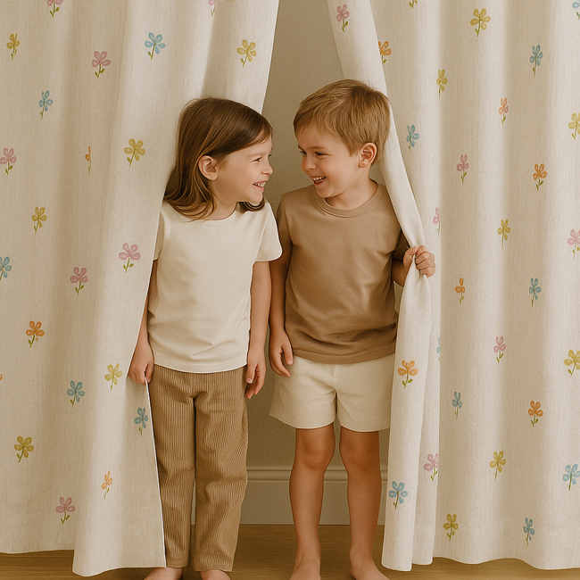 Embroidered Linen Kids Curtains – Soft White Floral Curtain Panel with Custom Sizes – Optional Blackout or Cotton Lining – Rod or Track Compatible