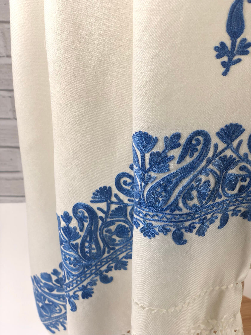 Sapphire and Ivory Embroidered Wool Wrap-9
