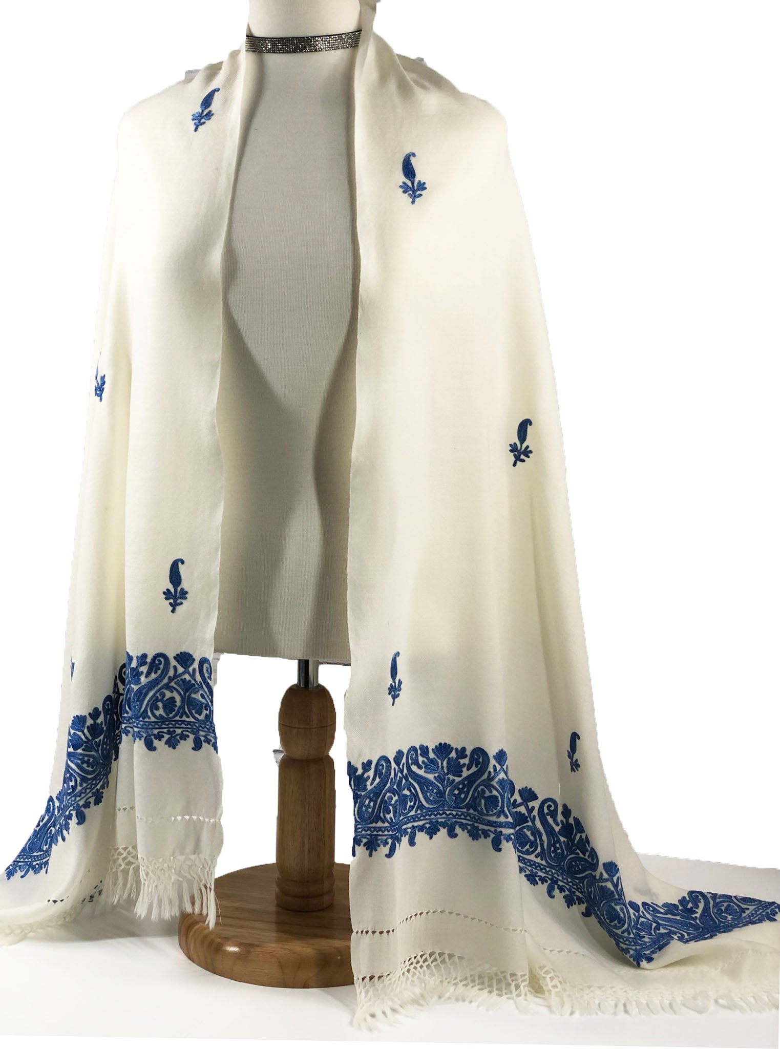 Sapphire and Ivory Embroidered Wool Wrap-8
