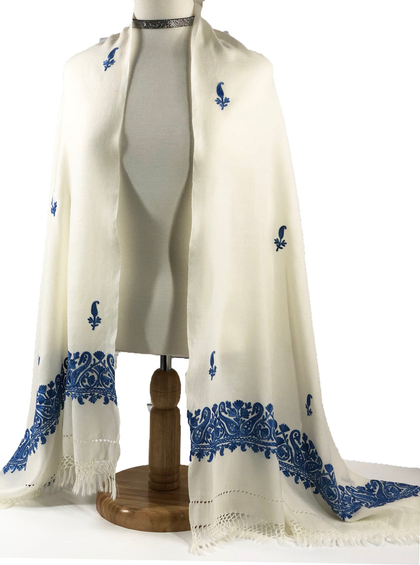 Sapphire and Ivory Embroidered Wool Wrap-8