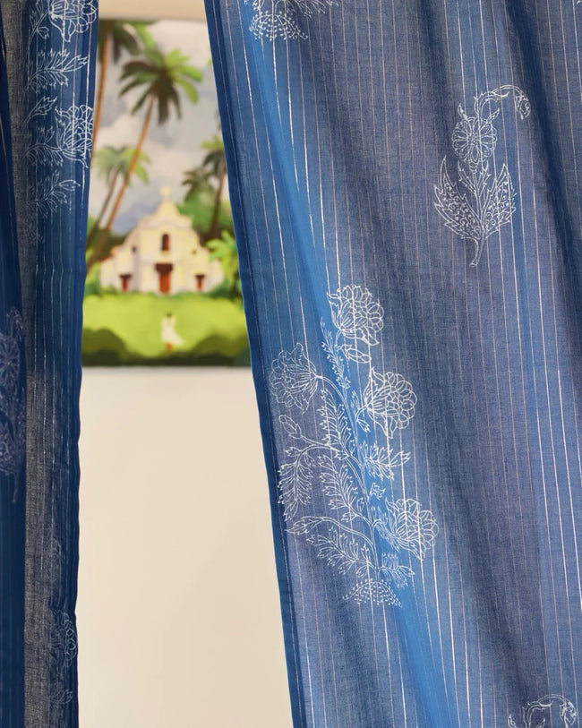 Indigo Hand Block Printed Linen Curtains | Floral & Stripe Design