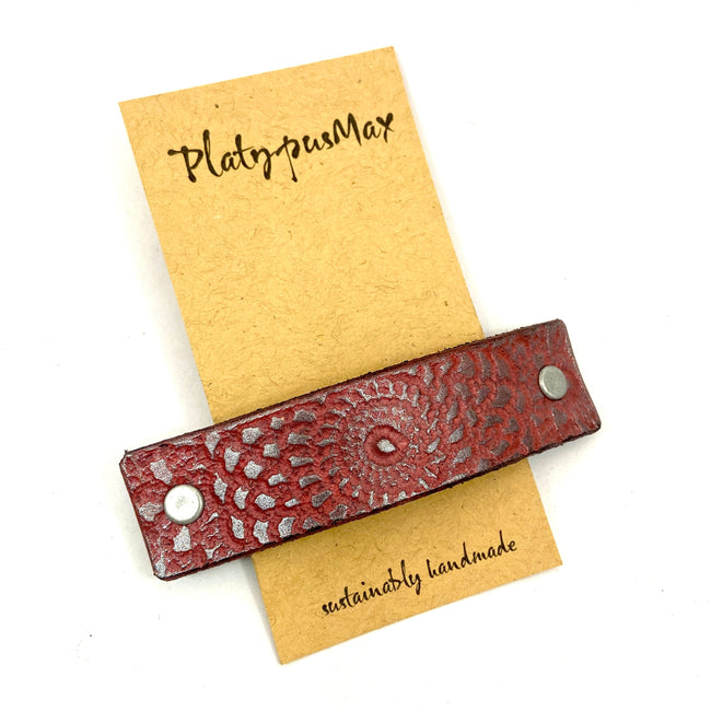 Silver and Dark Pink Mandala Leather Barrette-0