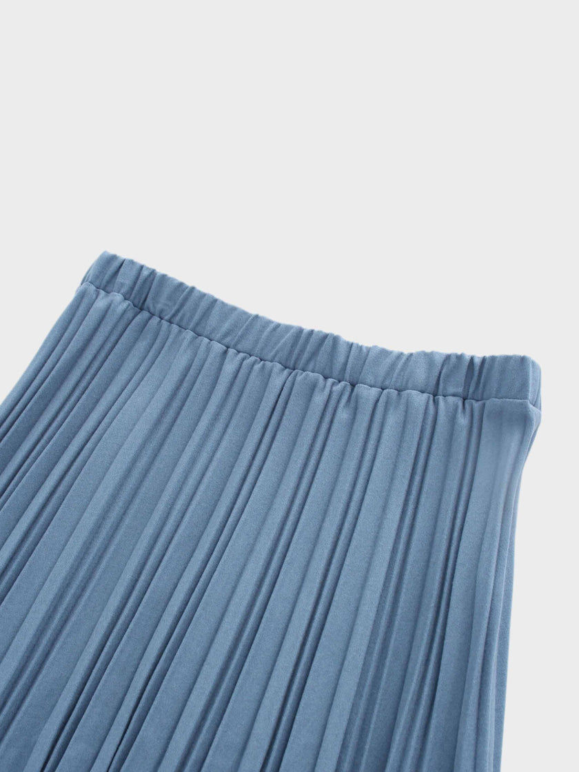Wool Blend Pleated Skirt-Denim Blue-3