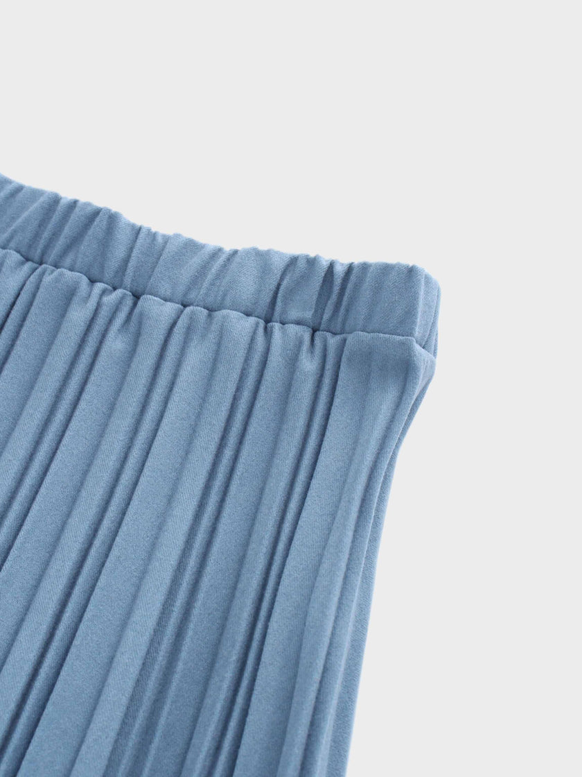 Wool Blend Pleated Skirt-Denim Blue-4