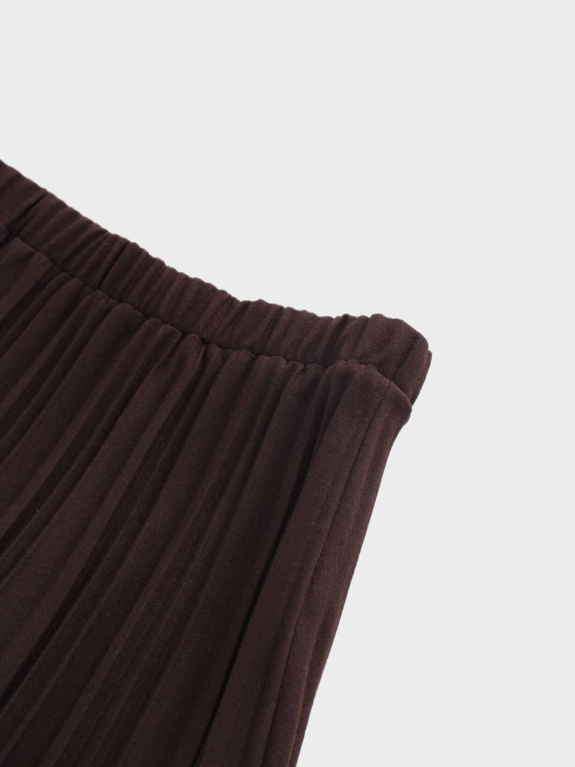 Wool Blend  Pleated Skirt-Dark Brown-3