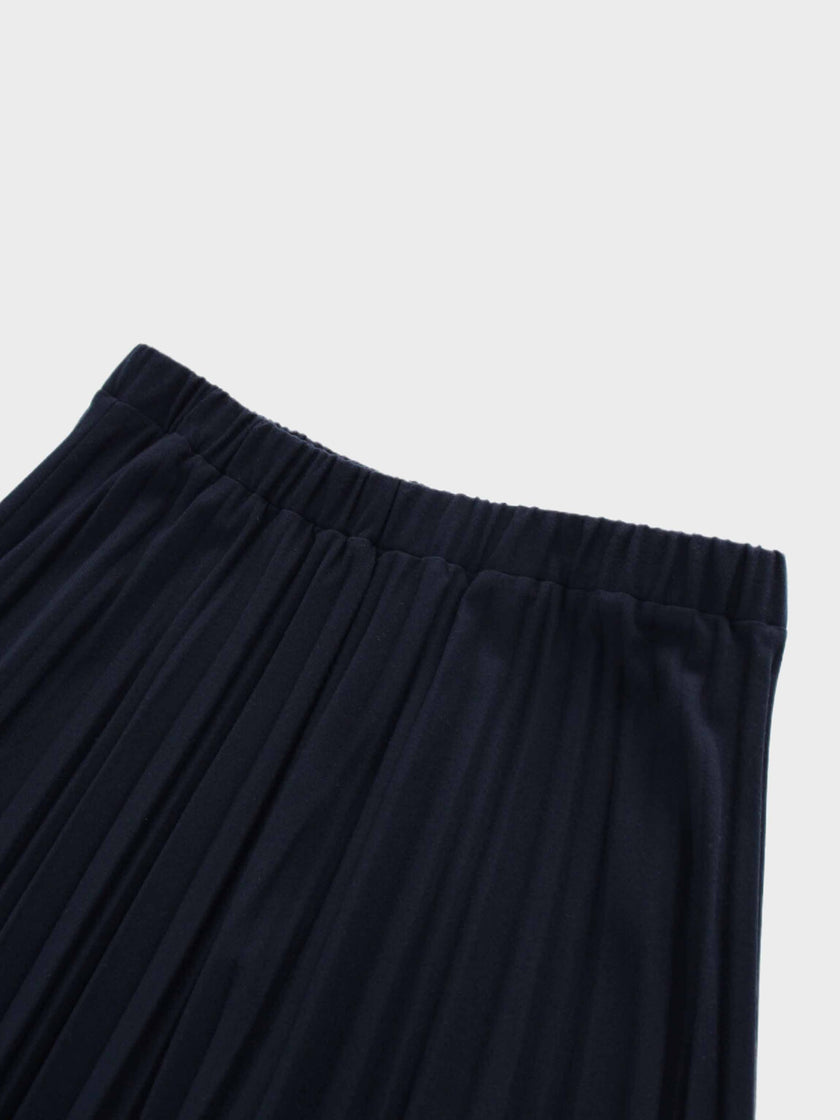 Wool Blend Pleated Skirt-Navy-3