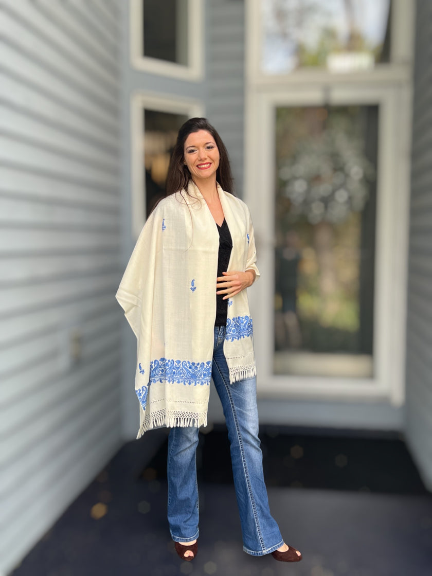 Sapphire and Ivory Embroidered Wool Wrap-7