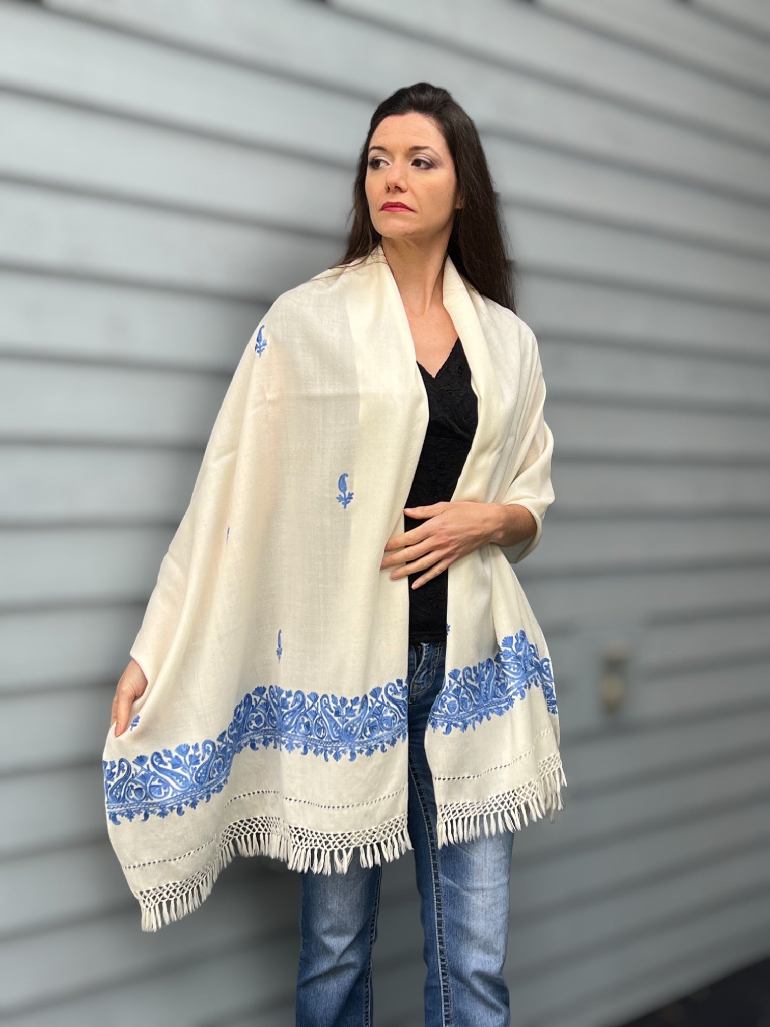 Sapphire and Ivory Embroidered Wool Wrap-6
