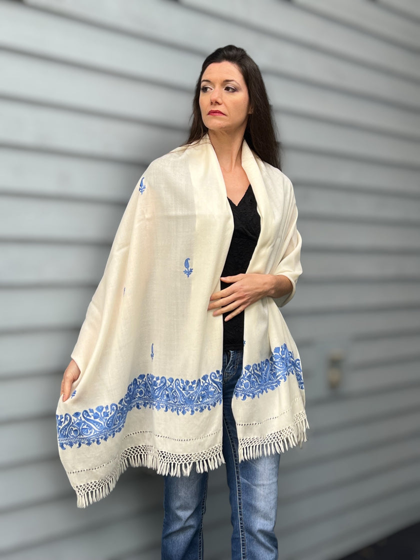 Sapphire and Ivory Embroidered Wool Wrap-6