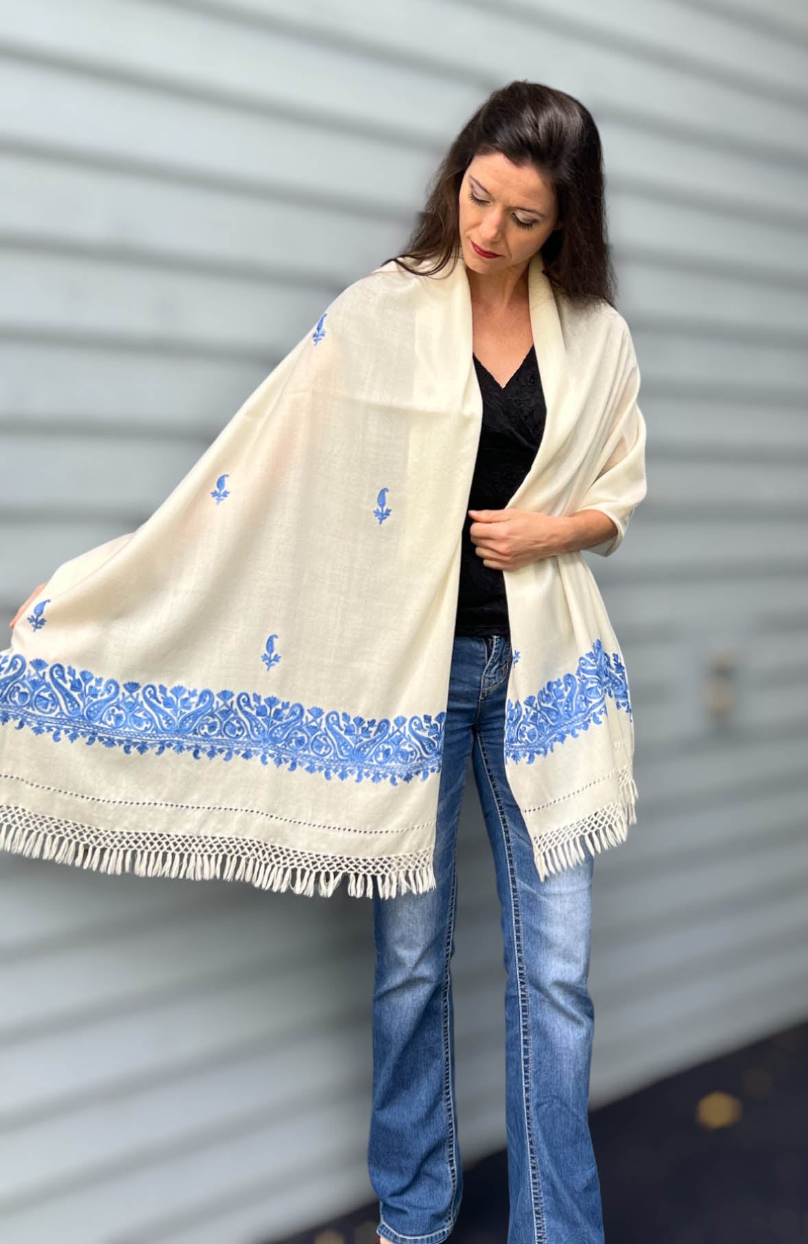 Sapphire and Ivory Embroidered Wool Wrap-3