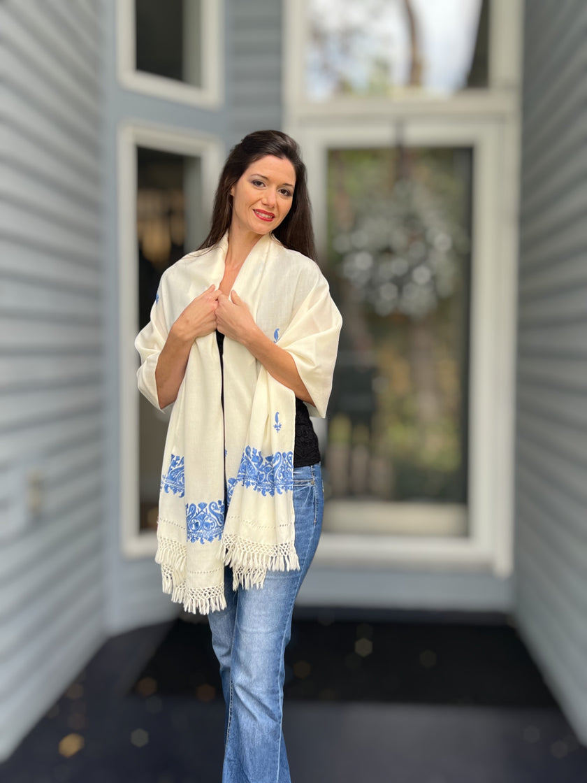 Sapphire and Ivory Embroidered Wool Wrap-2