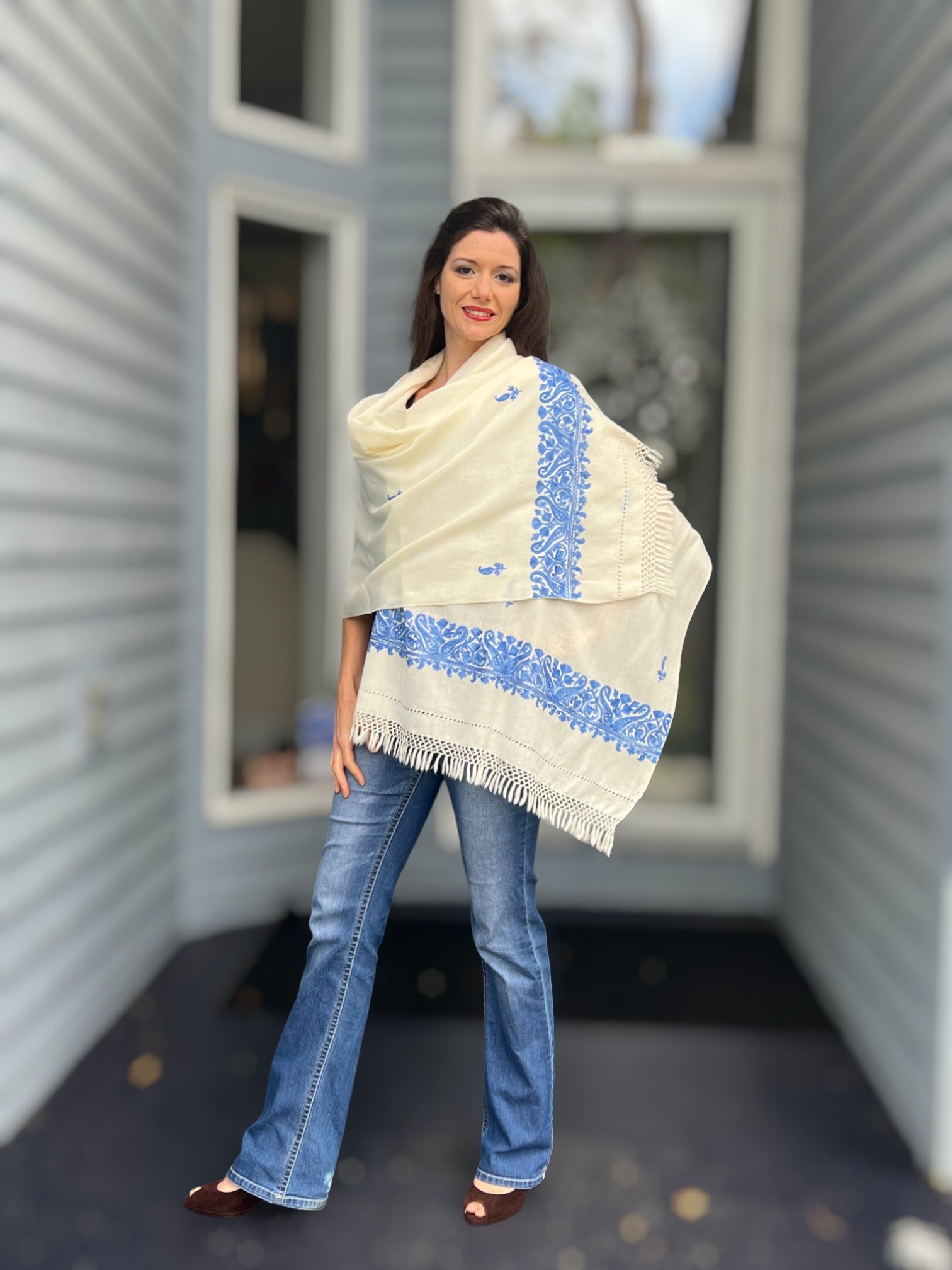 Sapphire and Ivory Embroidered Wool Wrap-5