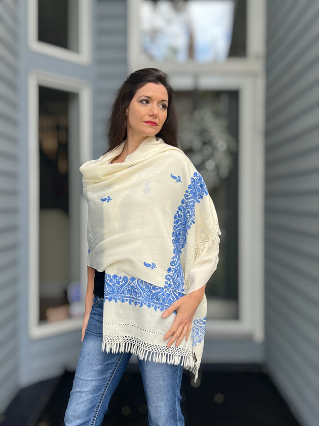Sapphire and Ivory Embroidered Wool Wrap-1