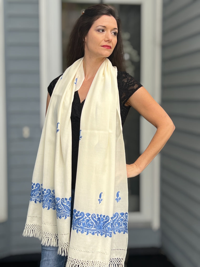 Sapphire and Ivory Embroidered Wool Wrap-4