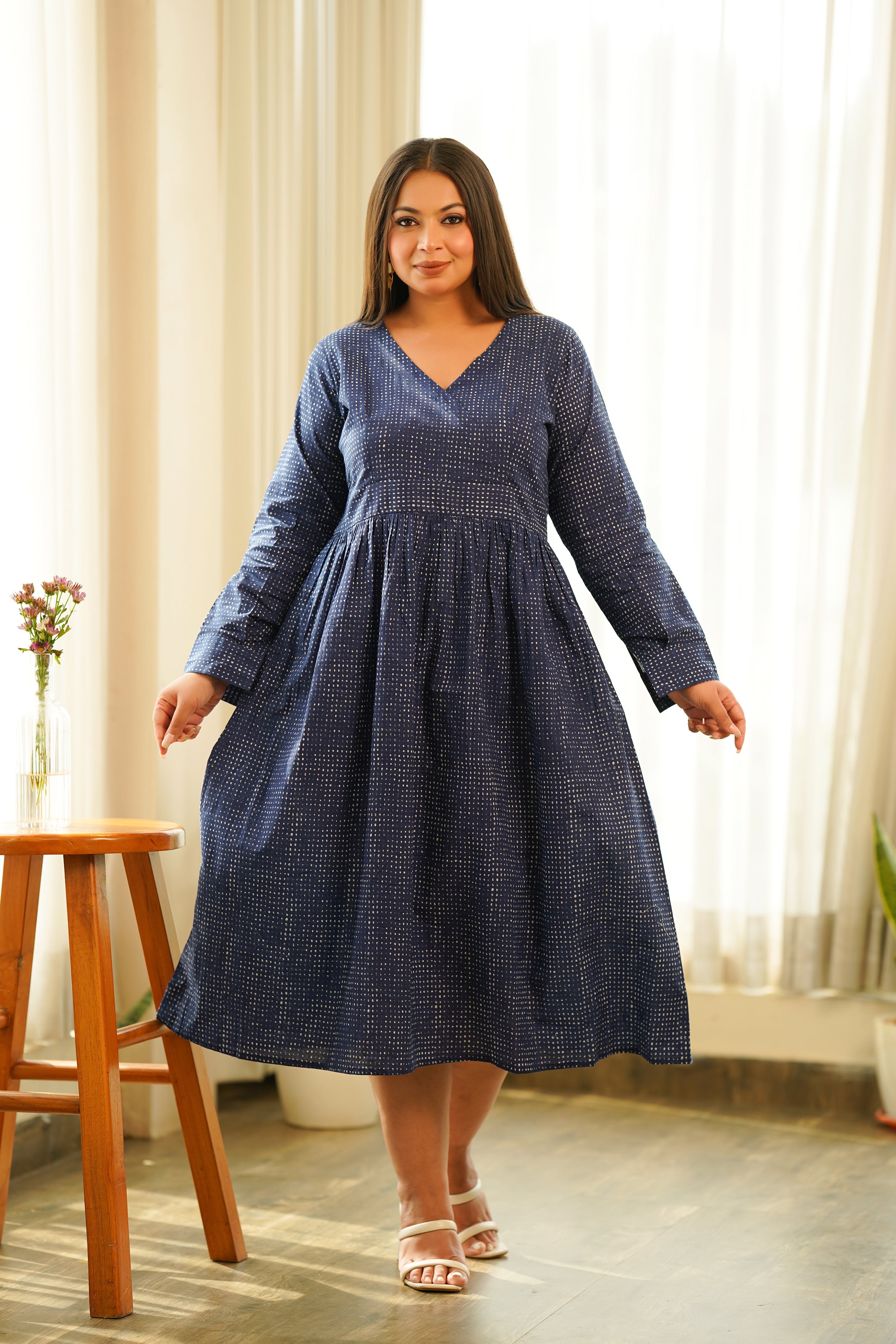 Indigo Cotton V Neck Maxi Dress-0