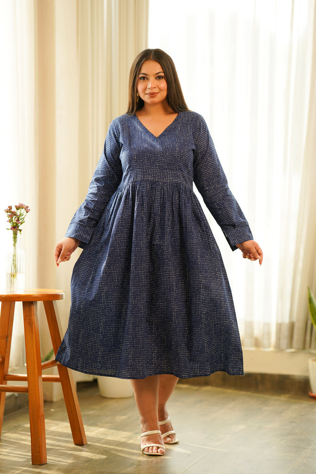 Indigo Cotton V Neck Maxi Dress-0