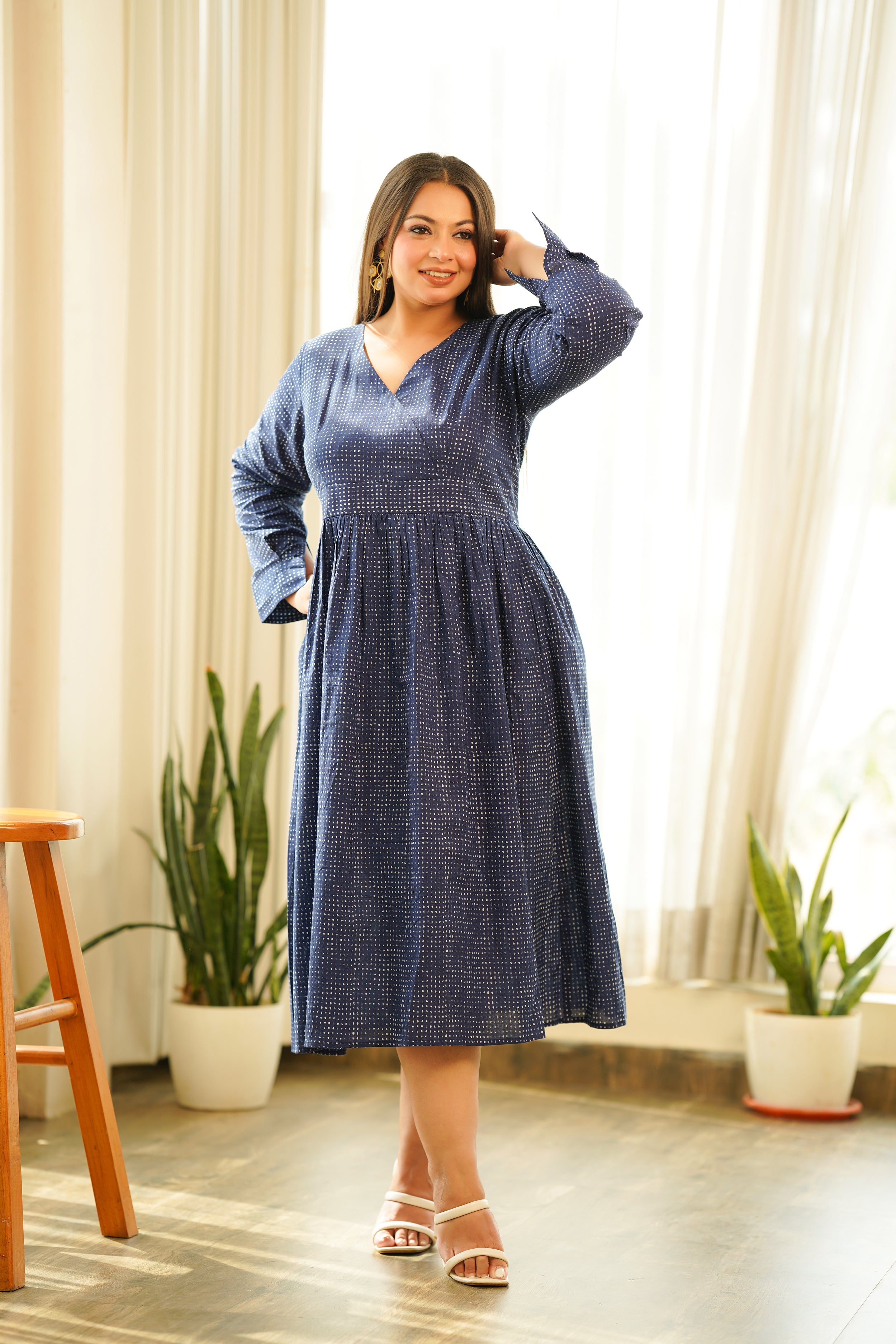 Indigo Cotton V Neck Maxi Dress-3