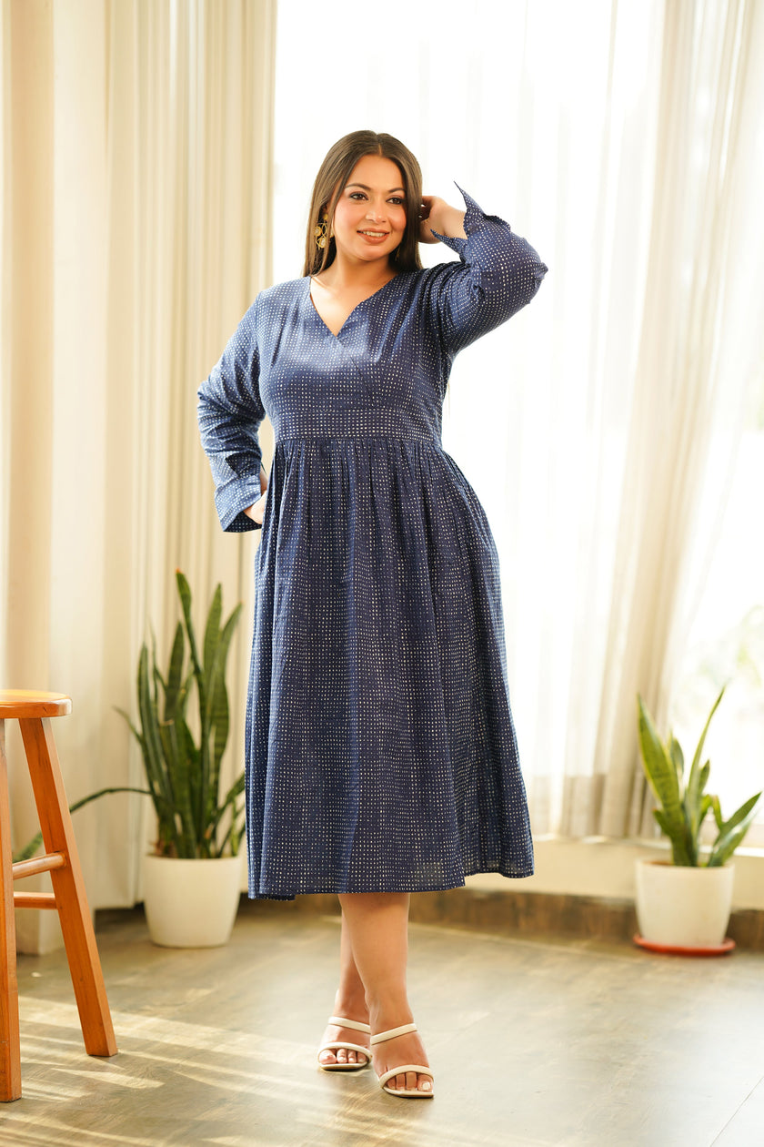 Indigo Cotton V Neck Maxi Dress-3