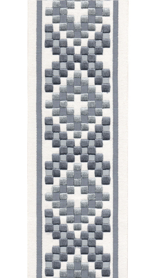 Embroidered Trim | 10cm Wide | Geometric Pattern | Gray, Silver & White | Curtains, Upholstery & Crafts