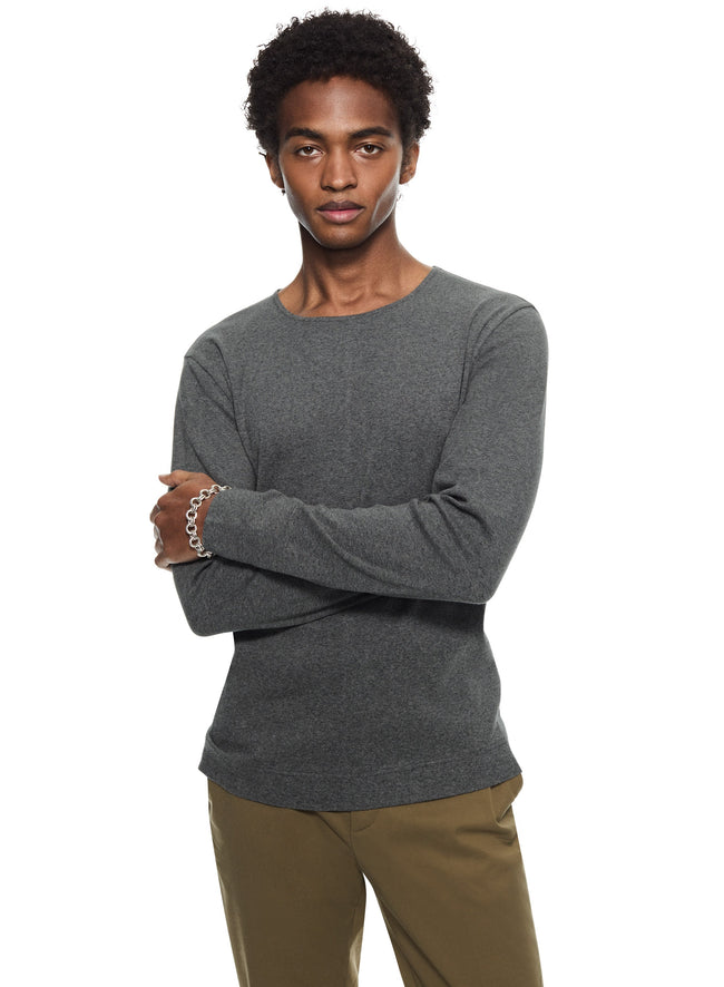 Long Sleeve Ribbed Cotton Crewneck (Dark Grey Heather)-1