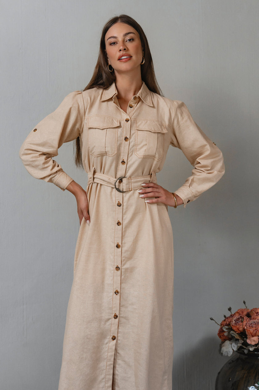 Marcelle Belted Linen Shirt Dress-2