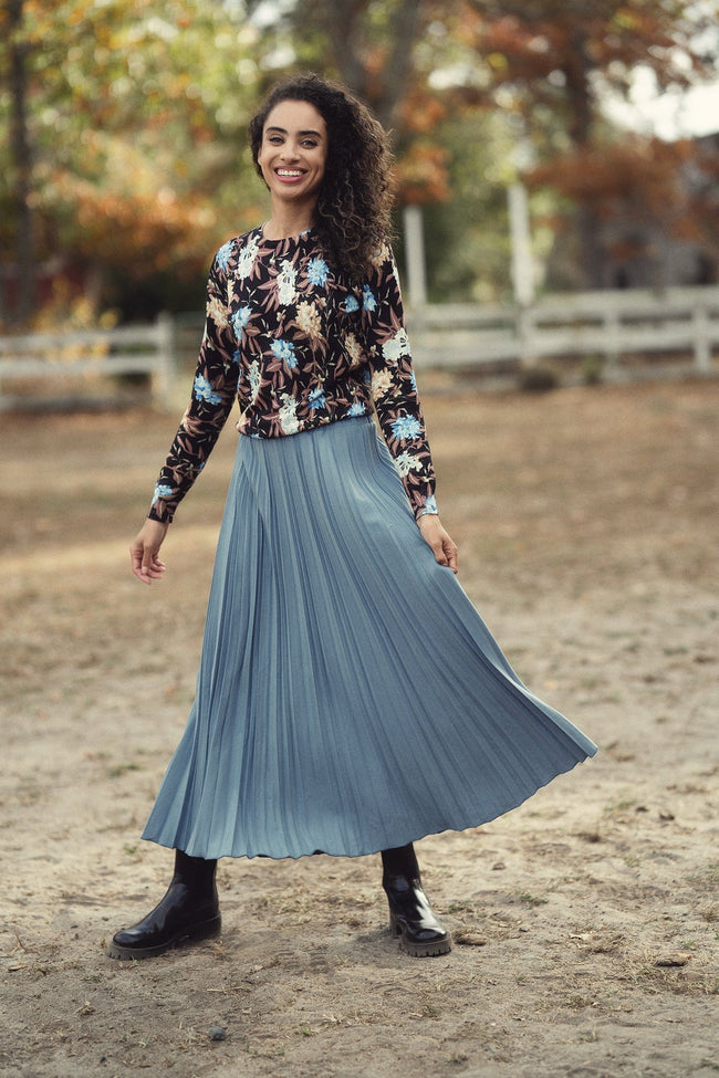 Wool Blend Pleated Skirt-Denim Blue-0