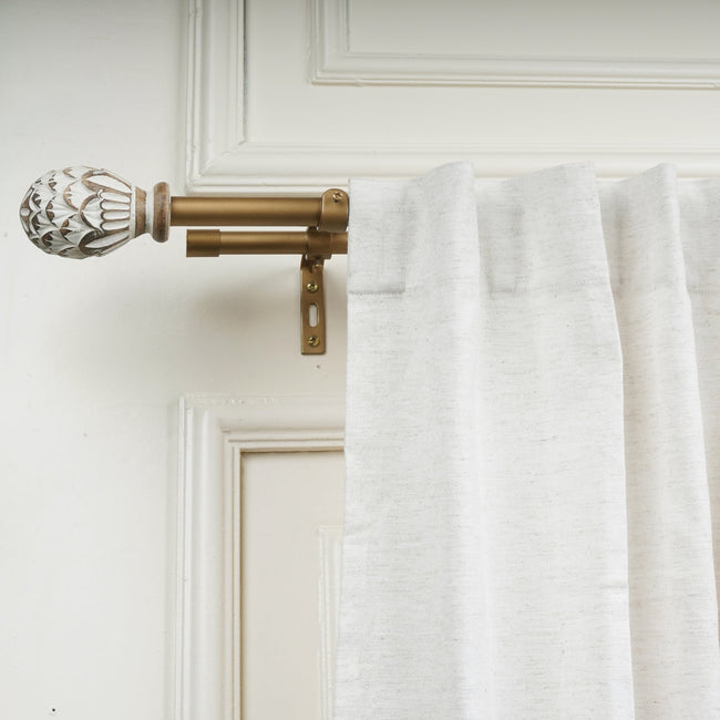 Gold Double Curtain Rod with White and Wooden Carved Finials