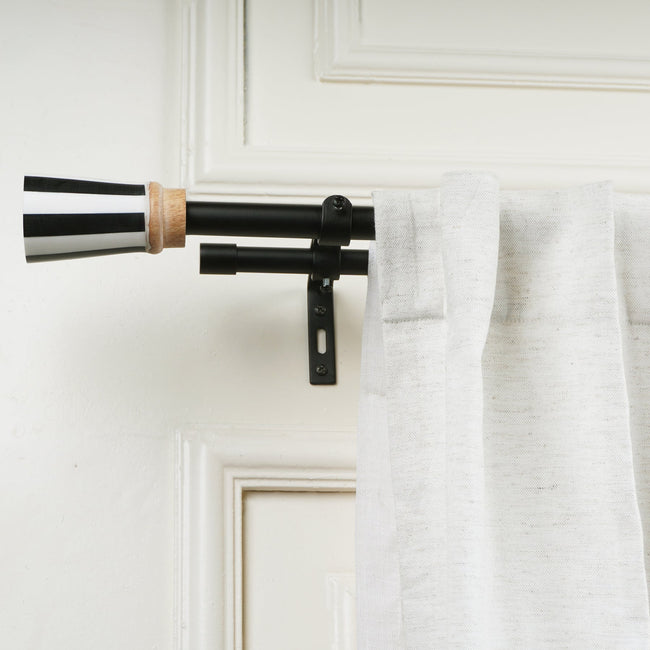 Double Curtain Pole | Black & White | Extendable & Adjustable | 28-144 Inch |  Includes Striped Finials