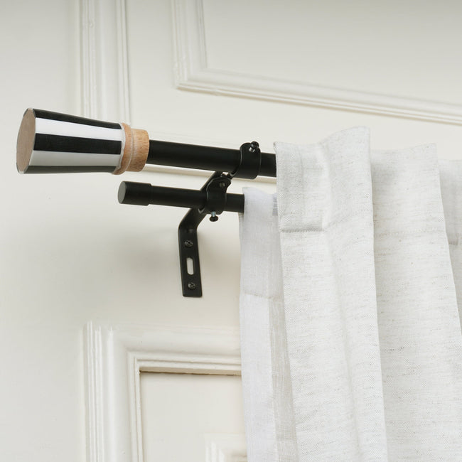 Double Curtain Pole | Black & White | Extendable & Adjustable | 28-144 Inch |  Includes Striped Finials