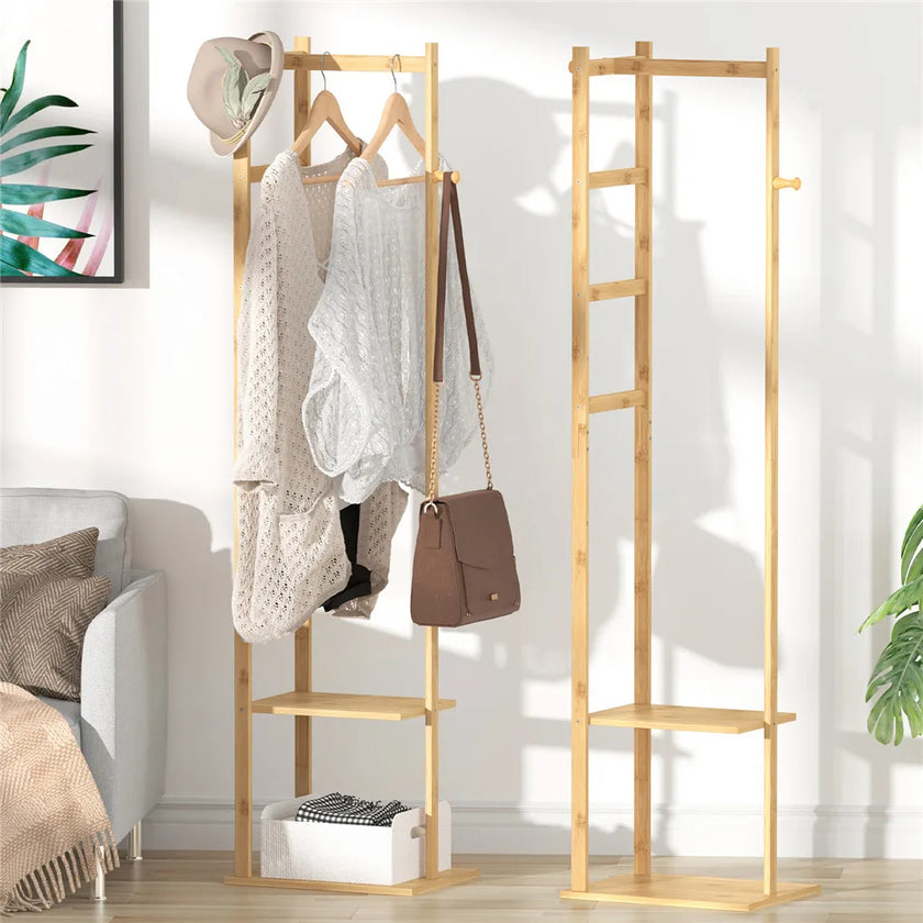 Yellow Bamboo Garment Rack with 2 Tier Shelves - Free-Standing Wooden Clothing Rack-4