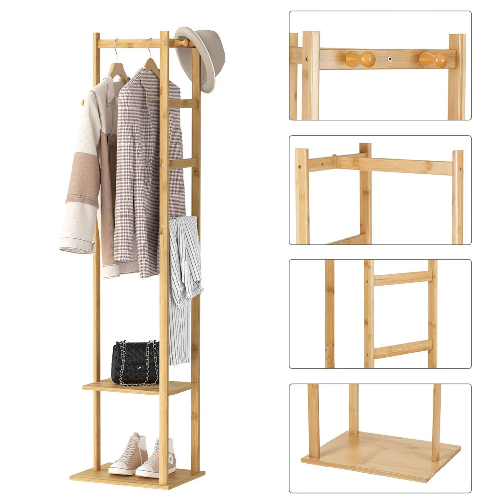 Yellow Bamboo Garment Rack with 2 Tier Shelves - Free-Standing Wooden Clothing Rack-3