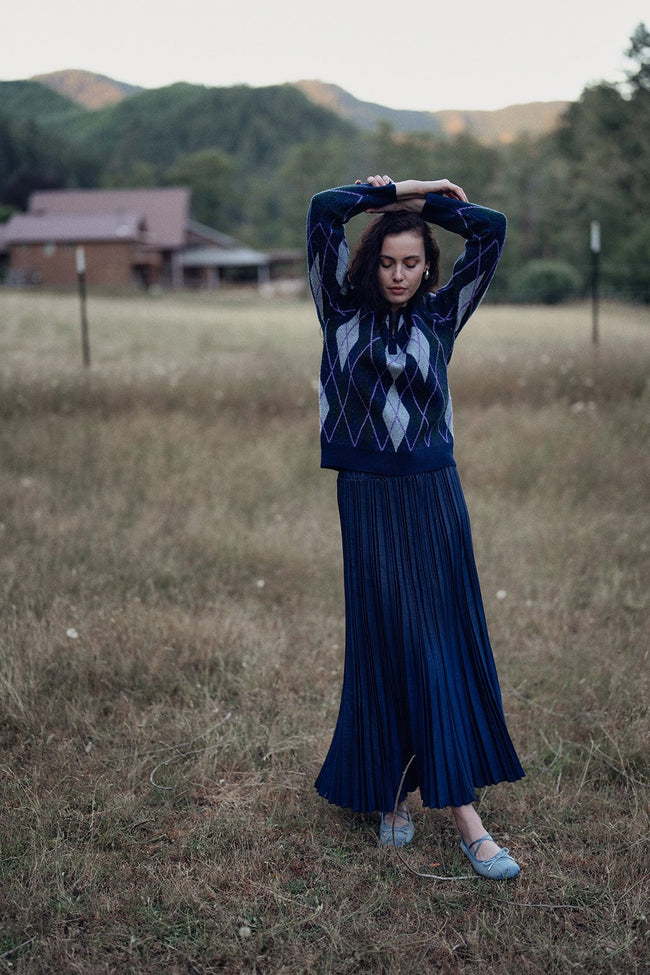 Wool Blend Pleated Skirt-Navy-0