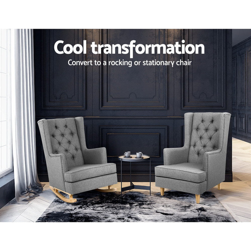 NNEDSZ Rocking Armchair Feeding Chair Linen Fabric Armchairs Lounge Retro Grey-3