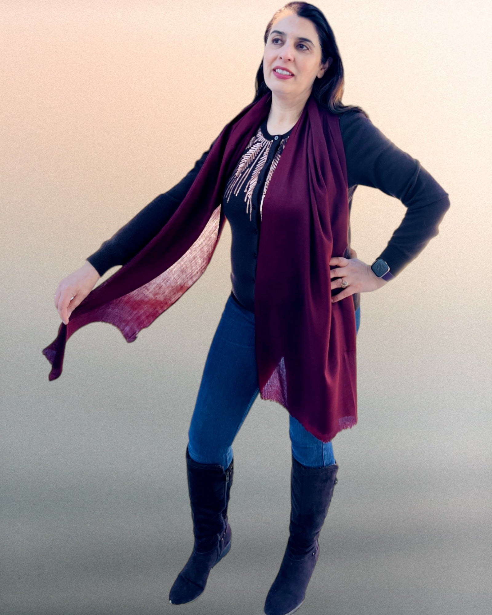 Burgundy Solid Wool Lightweight Scarf-3