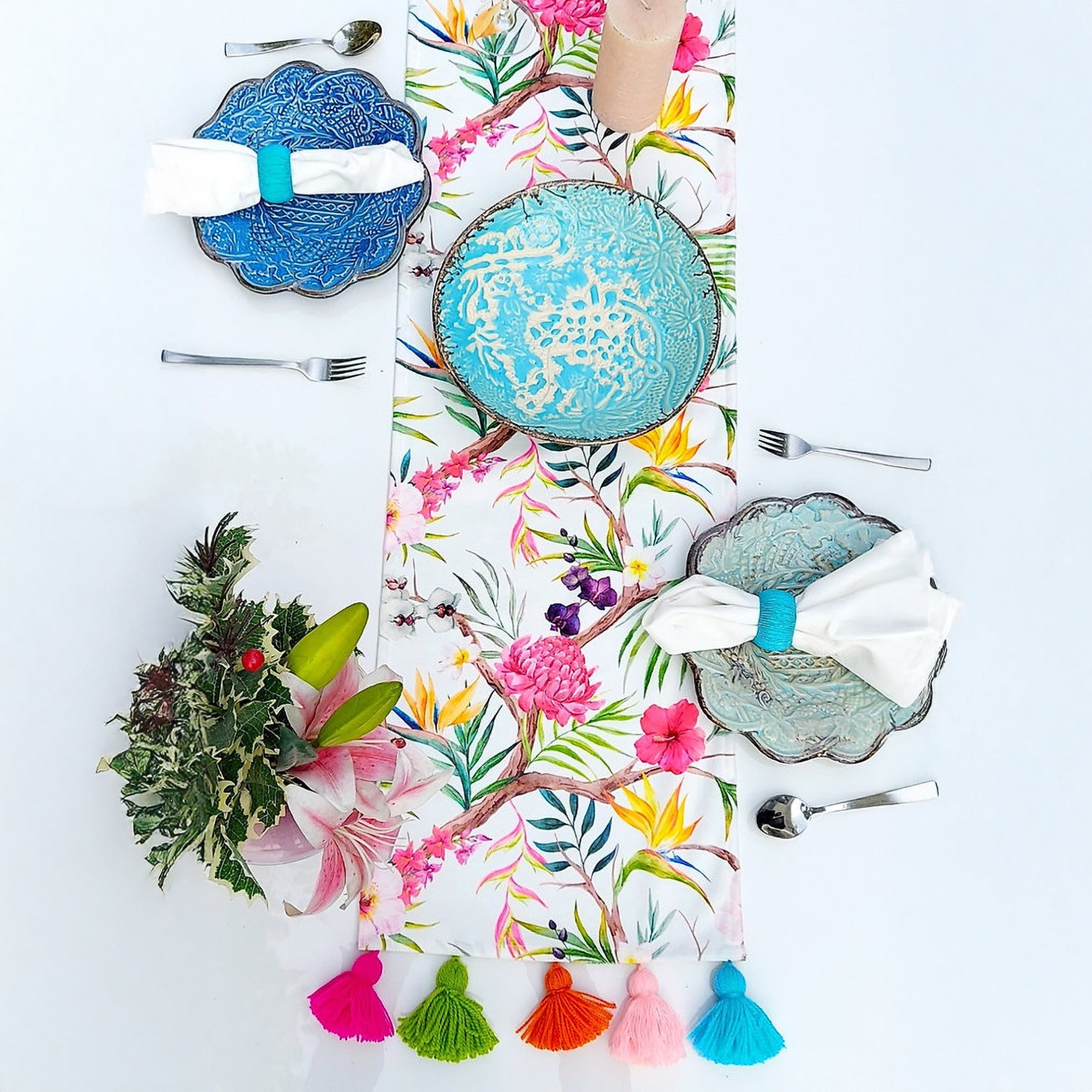 Tropical Floral Table Runner | Organic Linen | Multicolor Tassels | 92-305cm