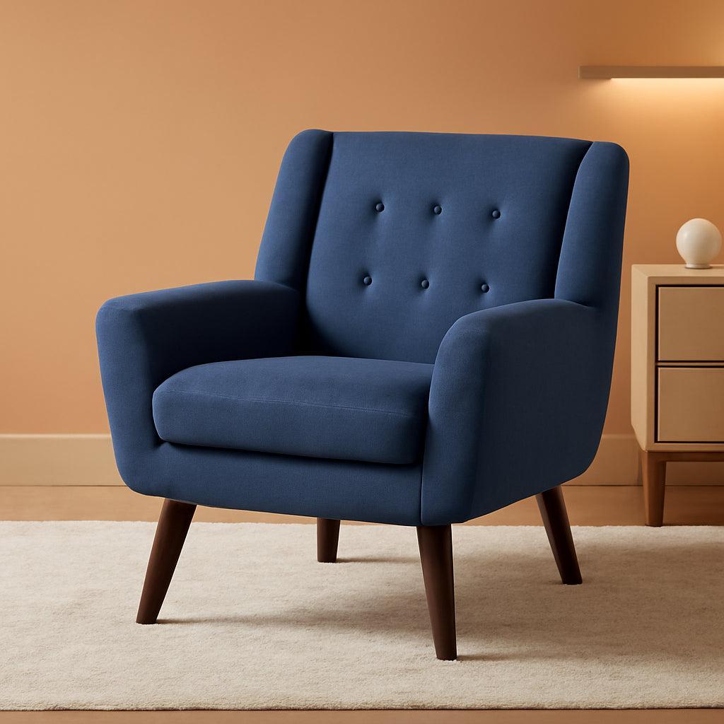 Dark Blue Upholstered Tufted Midcentury Linen Armchair-0