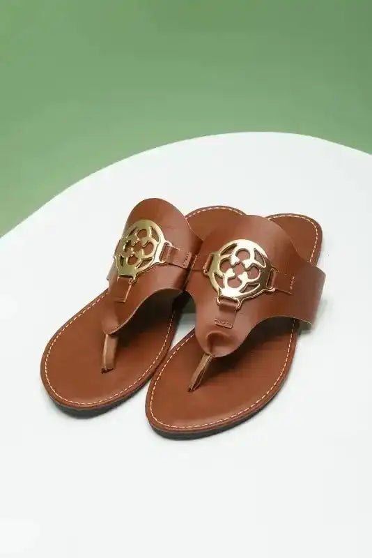 Chestnut Leather Thong Sandals – Metal Chain Detail-3