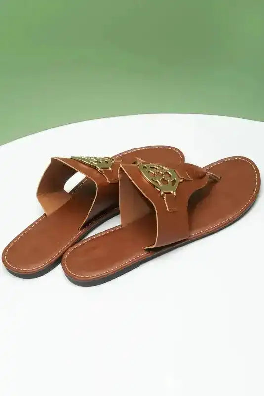 Chestnut Leather Thong Sandals – Metal Chain Detail-4
